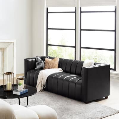 Olinto Modern 83-Inch Genuine Leather Curved Couch Sofa with Channel Back by HULALA HOME