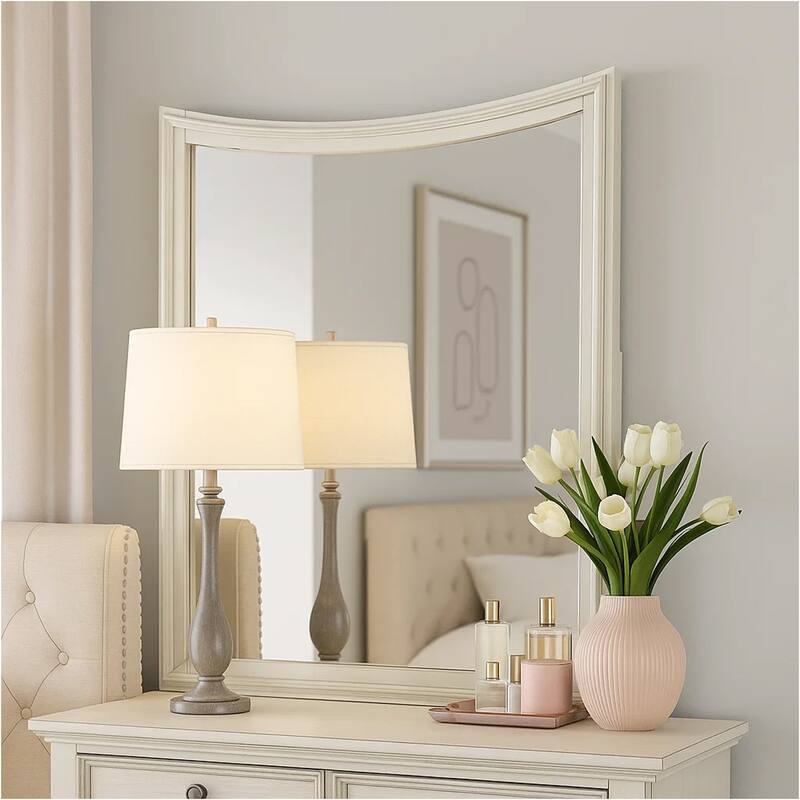Kiki Dresser Mirror, Curved Crown Molded Details, White Solid Wood