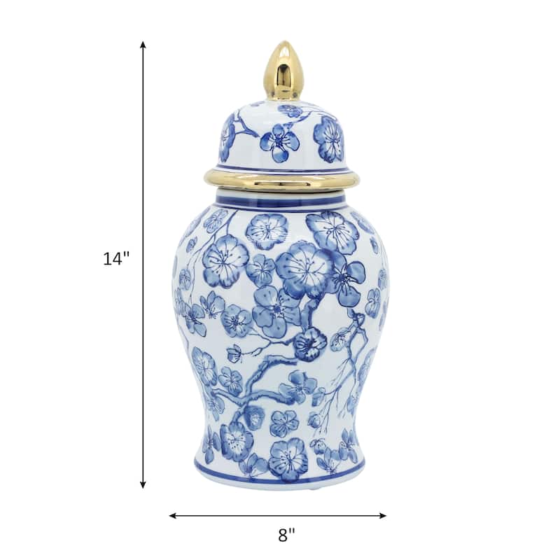 Sagebrook Home 14" Ceramic Temple Jar with Lid Contemporary Vintage Style Blue and White Chinoiserie Floral Design