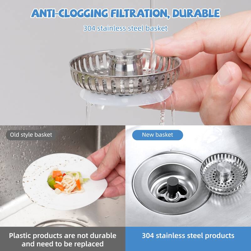 Stainless Steel 3 in 1 Kitchen Sink Drain Strainer for US 3-1/2" Drain