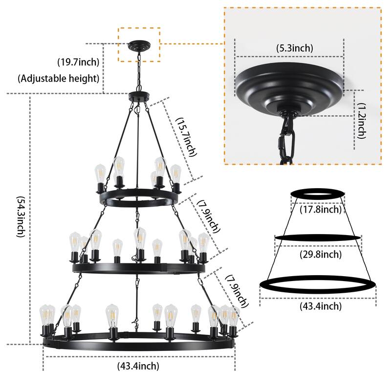 27-Light Wheel Chandelier, Three-Tier Round Ceiling Lighting, Black Living Room Hanging Ceiling Lighting Fixtures