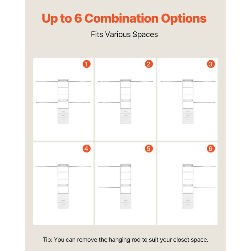 Large White Closet Organizer with 11 Compartments Adjustable Rods and Pull-Out Drawers - 65.8” - 100.8” x 15” x 81”
