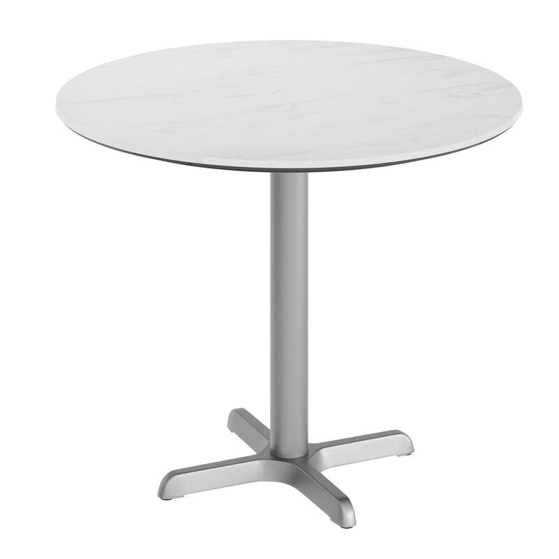Commercial All-Weather HPL Tabletop with Crisscross Base - White Faux Marble/Silver Base - 31.25"W x 31.25"D x 31.25"H