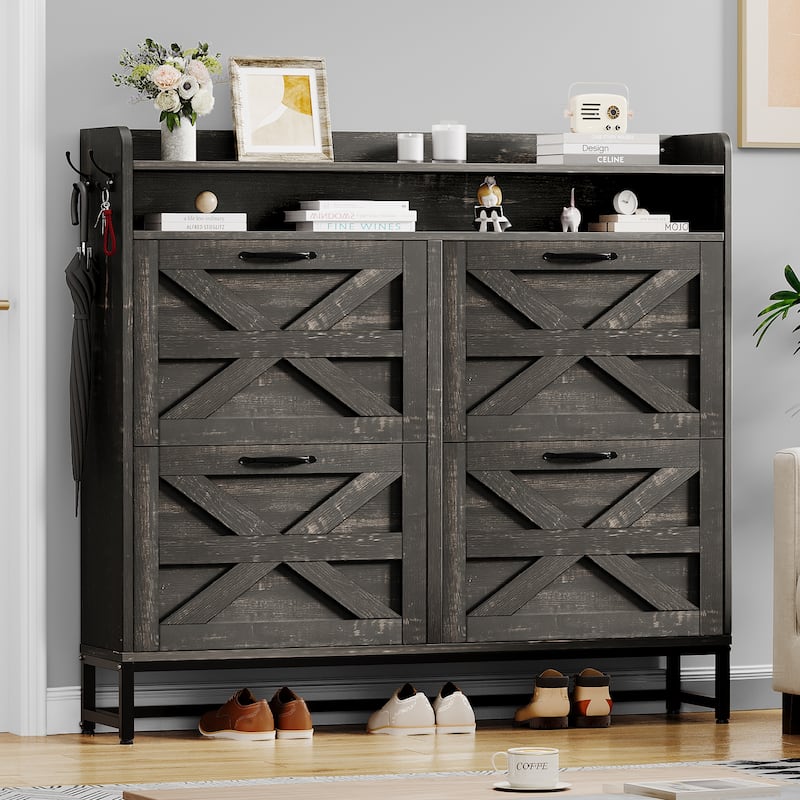 Moasis 4 Flip Drawers Farmhouse Shoe Storage Cabinet 24 PairsFreestanding Shoe Organizer - 47.2"L x 9.4"W x 43.3"H