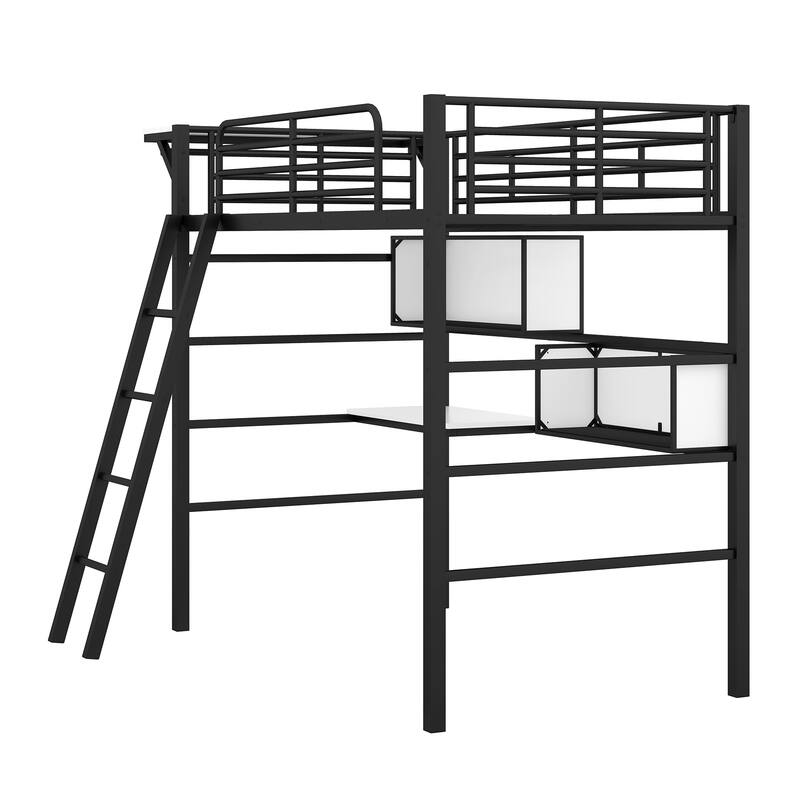 Twin Size Metal Loft Bed with a Desk, 2 Shelves and a Hanging Clothes