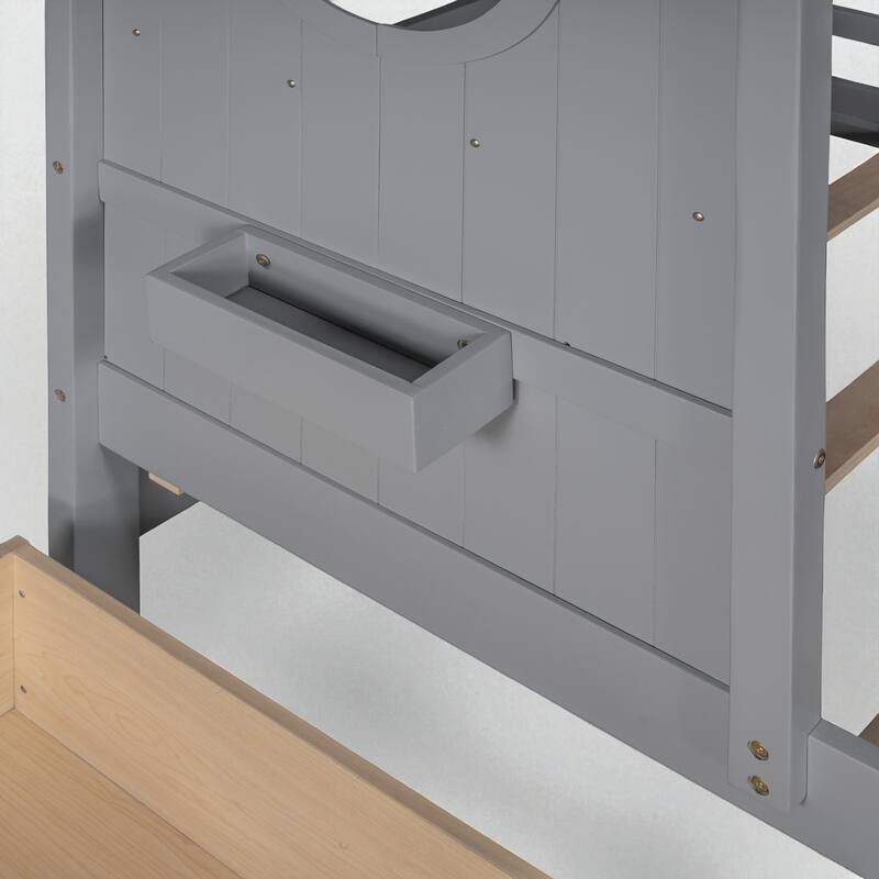Wooden Twin/Full House Bed with Roof, 2 Storage Drawers & Rear Shelf, Kids Platform Bed with Slats, Gray