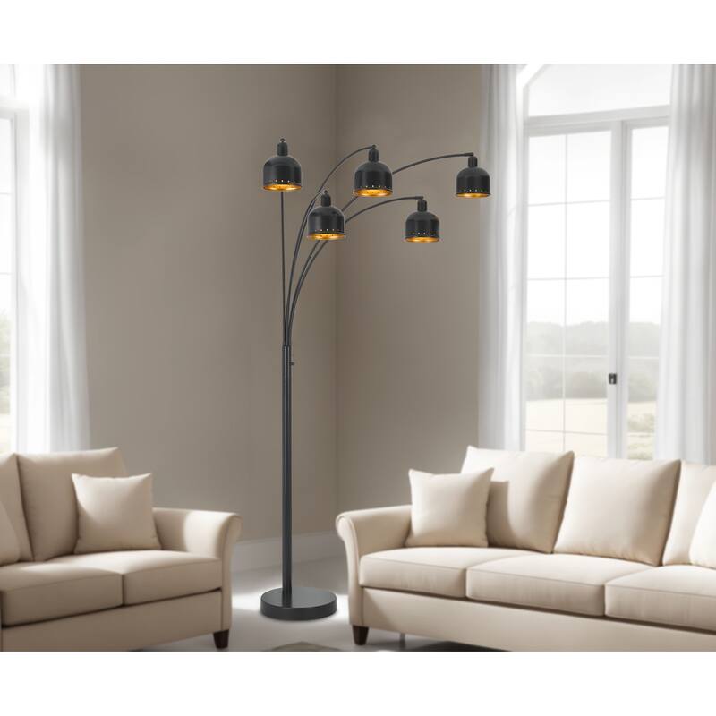 60W x 5, 3 way Ellington arc floor lamp with metal gold tone shades and heavy weighted base - One Size