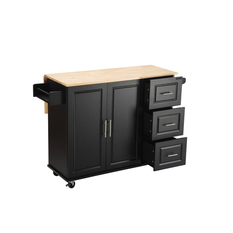 Kitchen Island with Extensible Wood Table Top, Mobile Island Table on Wheels, Kitchen Cart with Adjustable Shelf & 3 Drawers