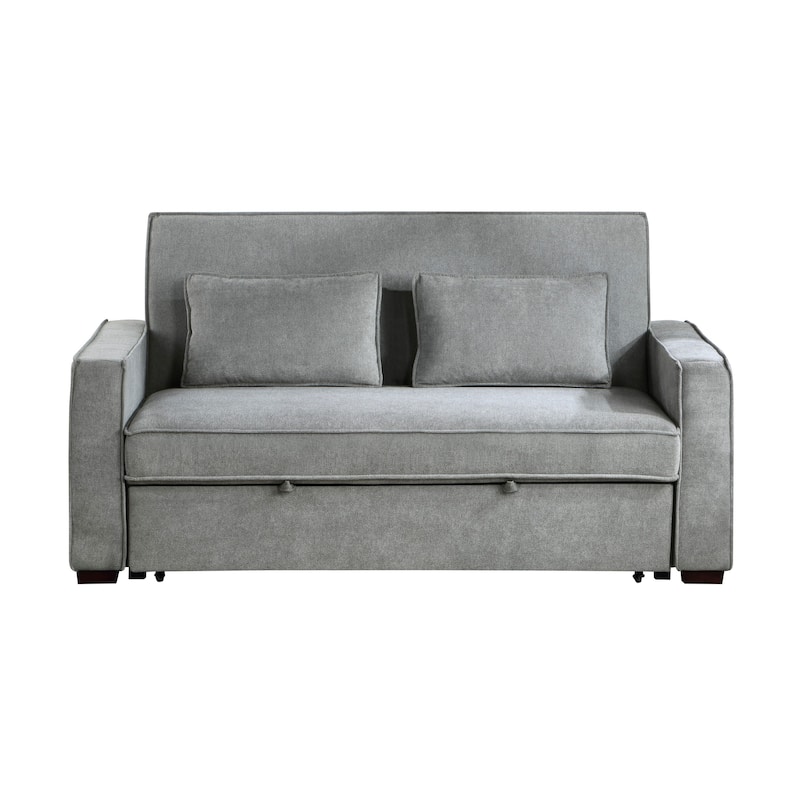 Malti 77 Inch Sofa with Pull Out Bed, Gray Polyester, 2 Pillows, Solid Wood