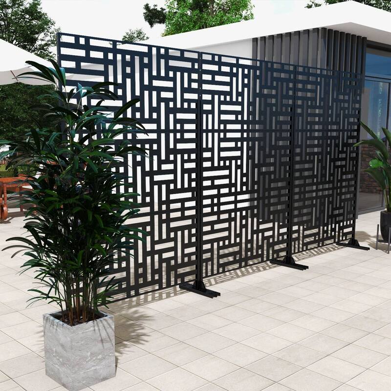 Outdoor 75'' x 47'' Metal Privacy Screen Fence Panel Line Pattern