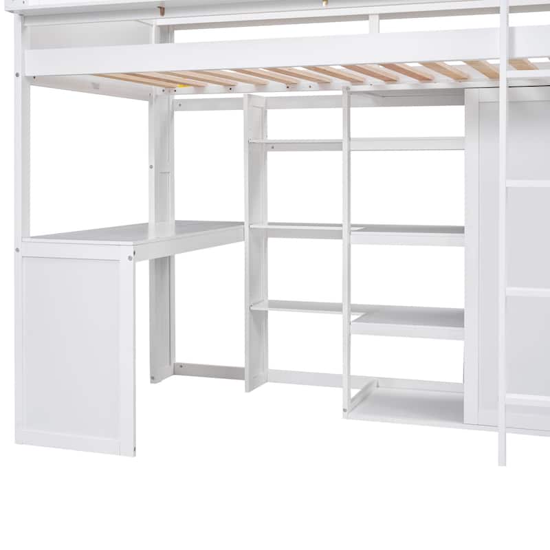 Space-Saving Twin Size Loft Bed with Wardrobe, Cabinets, Shelves, and Desk - Strong Pine Wood Frame