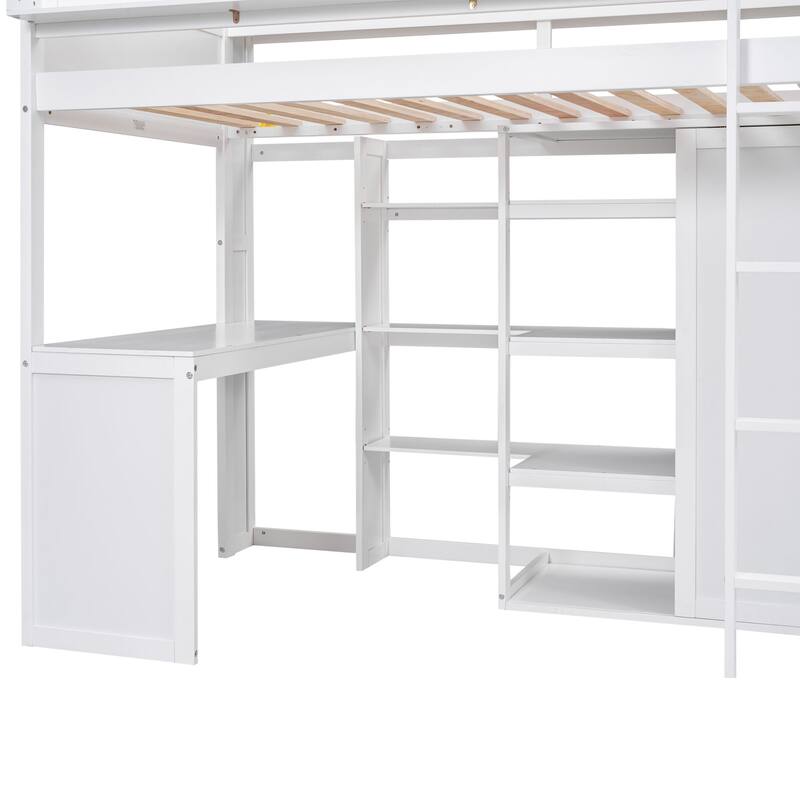 Twin Size Loft Bed w/ Multiple Storage Shelves and Wardrobe, Wooden High Bedframe with Bookshelves, 17.7''x 48.5'' Built-in Desk
