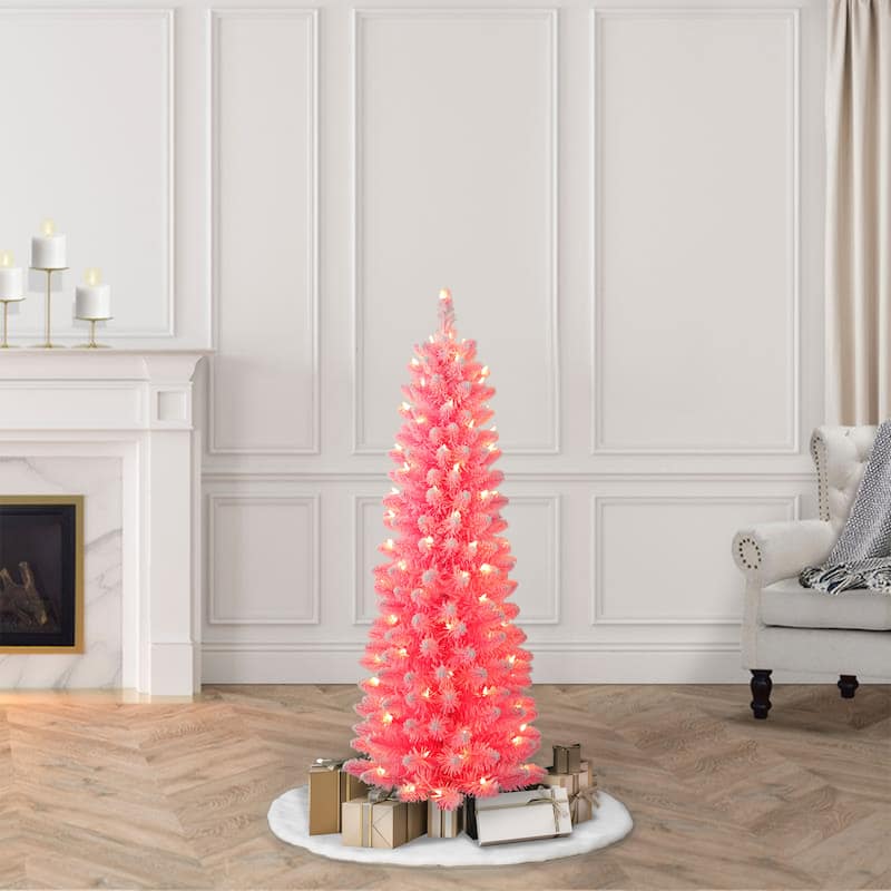 Puleo International Pre-Lit 4.5' Pink Pencil Artificial Christmas Tree