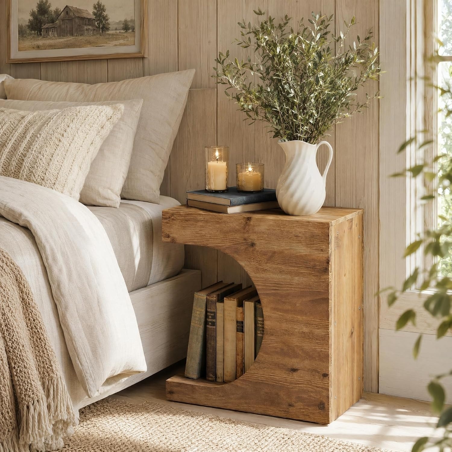 23.6-Inch Solid Wood Nightstand, 3-Tier C-Shaped Bedside Table