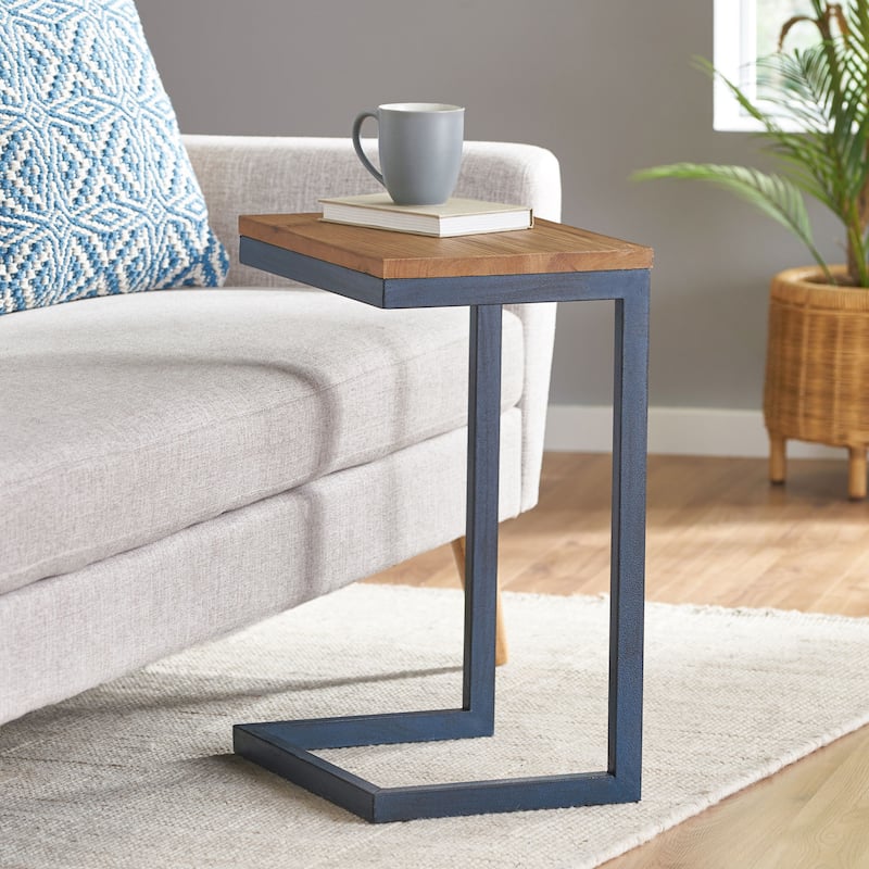 Roomfitters C-Shaped Side Table, Industrial End Table with Natural Wood Top and Blue Metal Frame for Sofa or Bedside, Natural