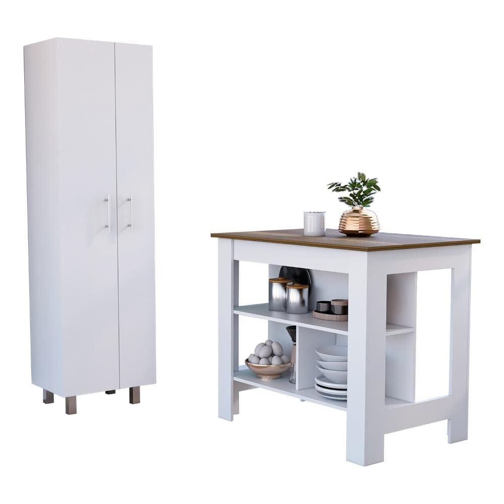 9-Shelf 2-Door 2-Piece Kitchen Set, Kitchen Island And Pantry White And Walnut