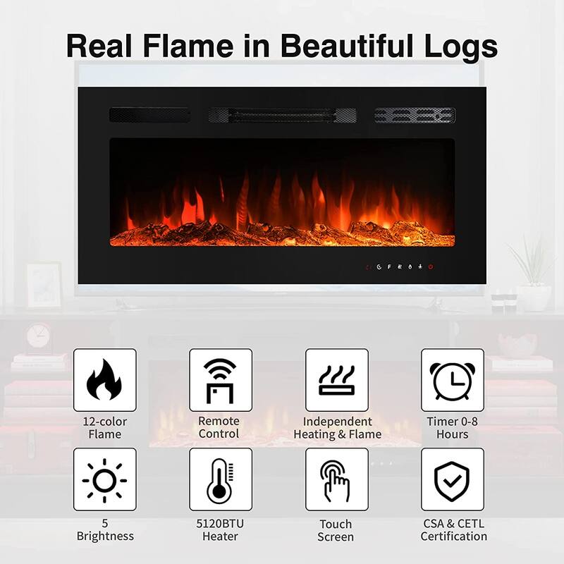 36'' Electric Fireplace TV Stand, Entertainment Center & TV Console for TVs up to 80'', Modern Fireplace Heater for Living Room