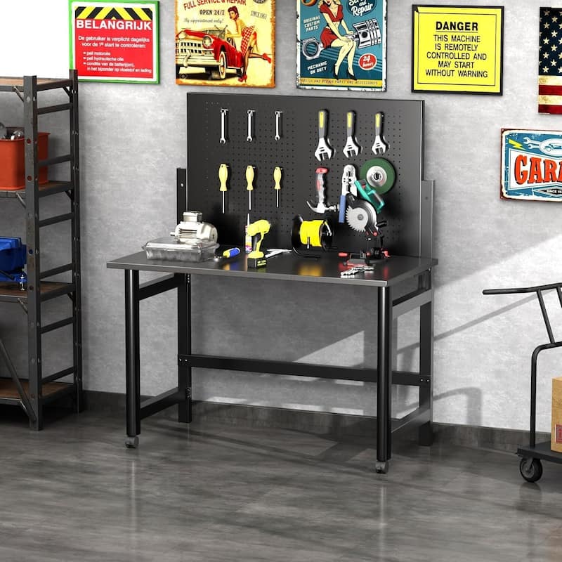 Heavy-Duty Wall-Mounted Workbench with Pegboard for Garage, Workshop - N/A