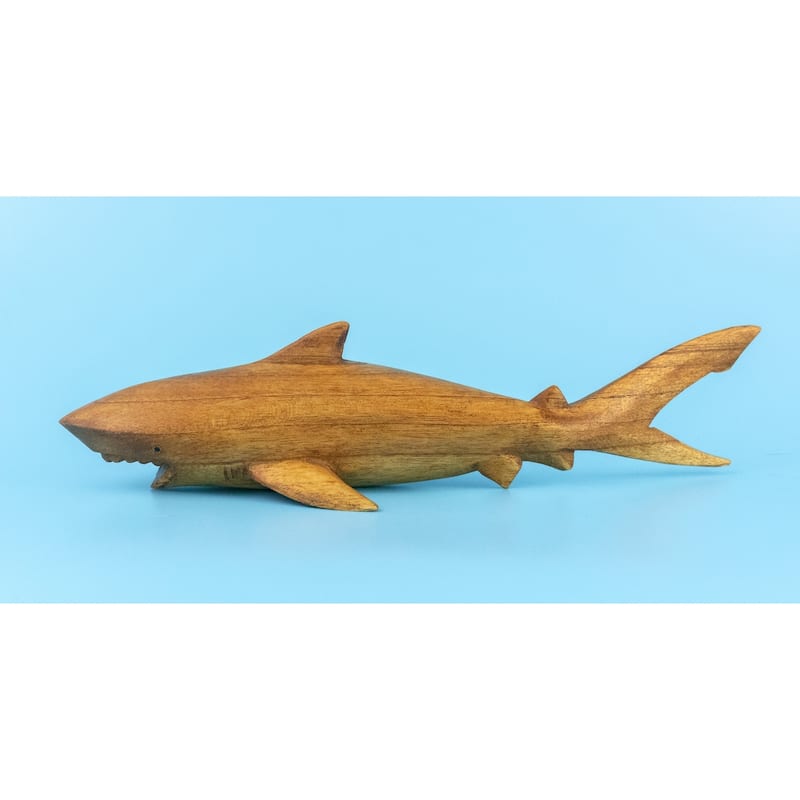 Wooden Hand Carved Shark Statue Sculpture Wood Home Decor Accent Figurine Handcrafted Handmade Seaside Fish Decoration - 12" long x 4" deep x 2.7" tall