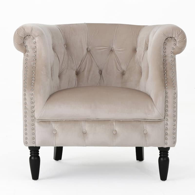 Velvet Club Chair with Button-Tufted Diamond Stitching, Rolled Armrests, and Birch Wood Legs