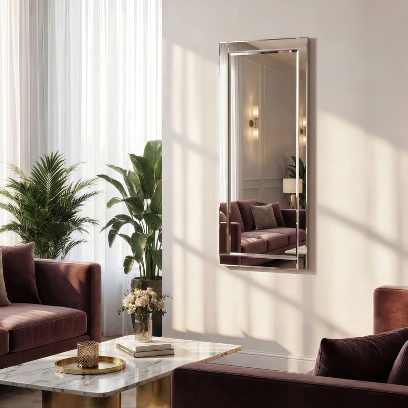 Beveled Rectangle 1"-Beveled Center Wall Mirror with Solid Wood Frame - Clear