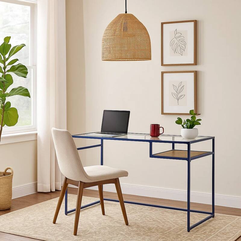 Rectangular Glass Top Desk with Open Compartment and Sled Base, Blue