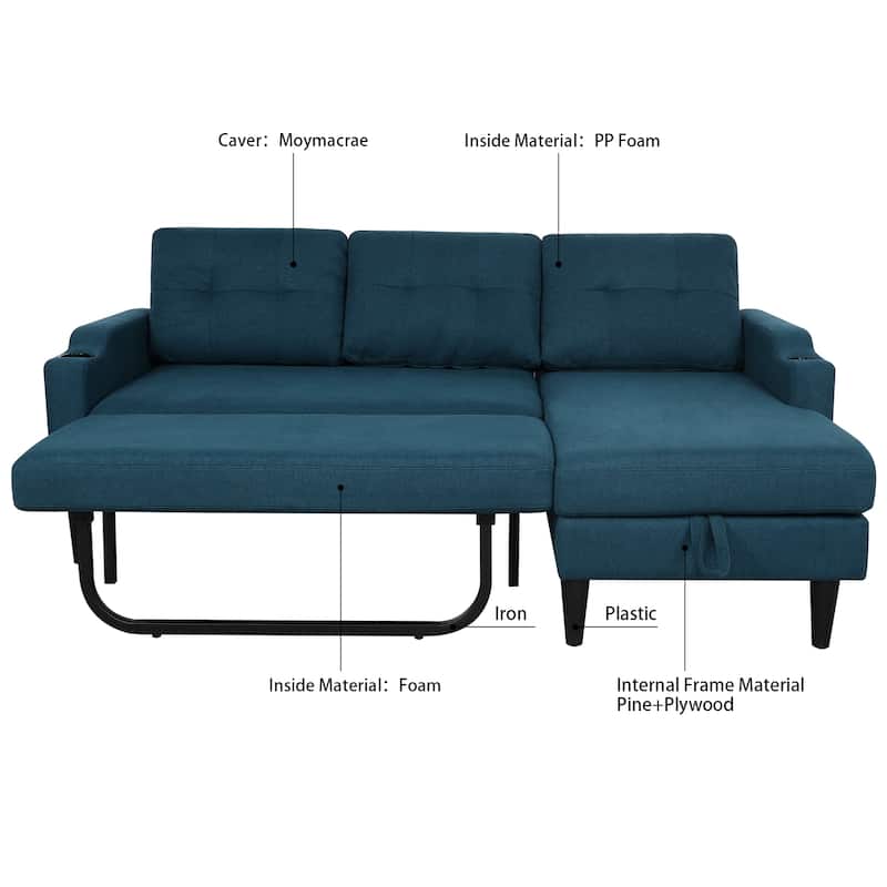 Pull Out Couch, L Shaped Convertible Sleeper Sofa Bed with Hidden Storage, 3-in-1 Upholstered Sectional Sofa with Cup Holder