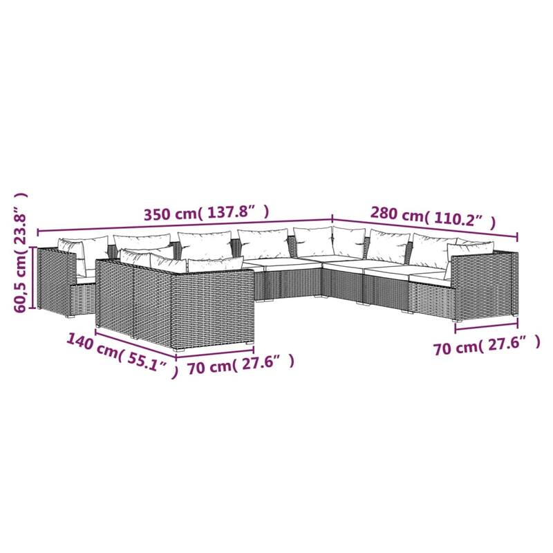 vidaXL Patio Lounge Set Outdoor Sectional Sofa Set Table Garden Poly Rattan - 27.6" x 27.6" x 23.8"
