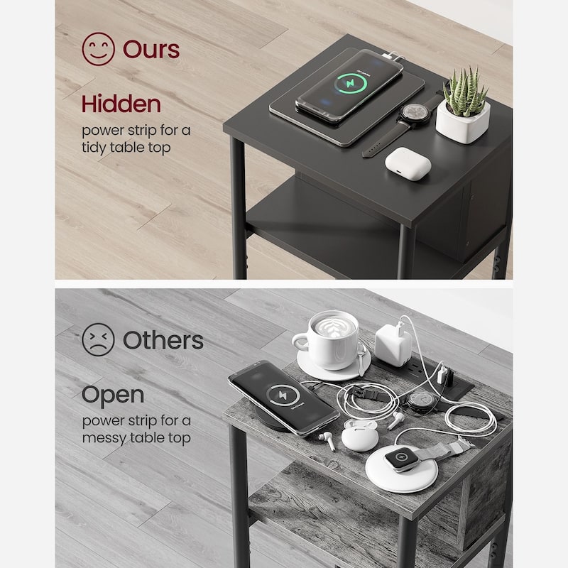 Side Table with Charging Station, 3-Tier End Table with USB Ports and Outlets, Nightstand for Living Room, Bedroom