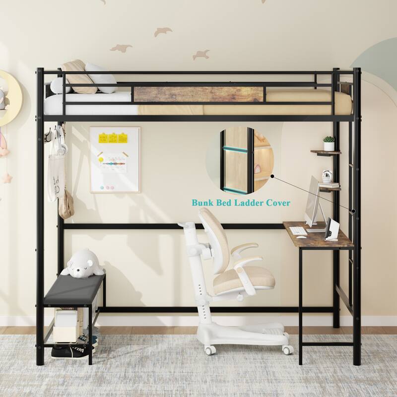 Roomfitters Twin Loft Bed Frame with L-Shaped Desk, 3-in-1 Coat Rack & Charging Station, Metal Storage Bunk, No Box Spring