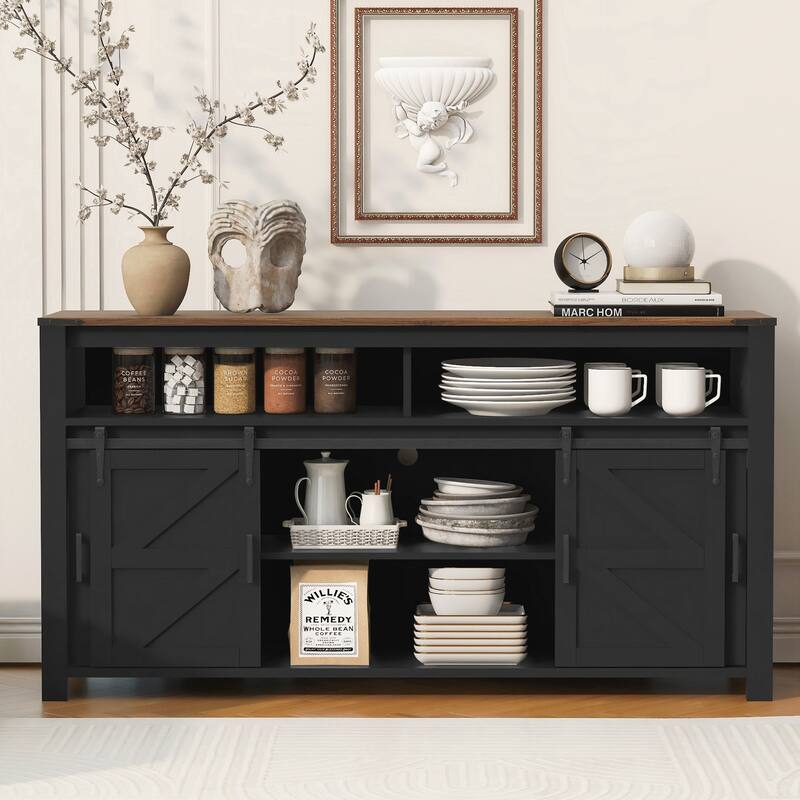 Sideboard with Sliding Barn Door and Mesh Panels,Farmhouse Buffet with Open Storage - Black