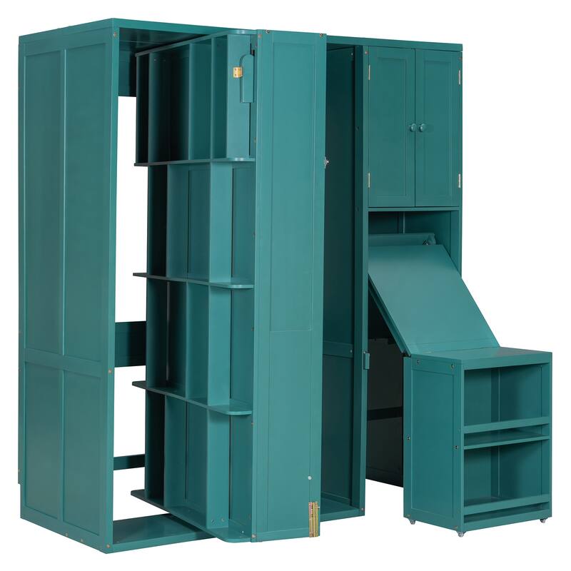 Twin Size Rotating Murphy Wall Bed with Bookshelf, Top Cabinet, Modern Foldable Cabinet Bed with Extendable Desk, Side Storage