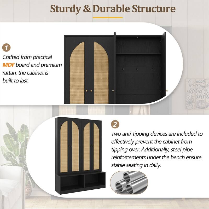 Farmhouse Hall Tree with 4 Rattan Doors, Versatile 4-In-1 Seating Bench with 6 Hooks, Entryway Shoe Cabinet w/ Adjustable Shelf