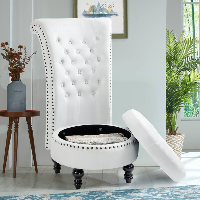 AVAWING High Back Throne Chair Velvet Armless Royal Accent Chair with Storage - White