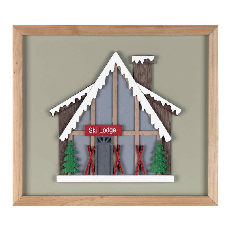 Set of 4 Brown & Green Ski Lodge Framed Christmas Wall Art, 12"x10.75"