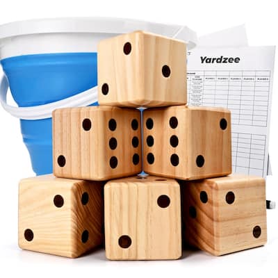 3.5 in Giant Wooden Yard Dice Set, includes 6 Dice, Collapsible Bucket, Score Cards & Dry Erase Marker - N/A