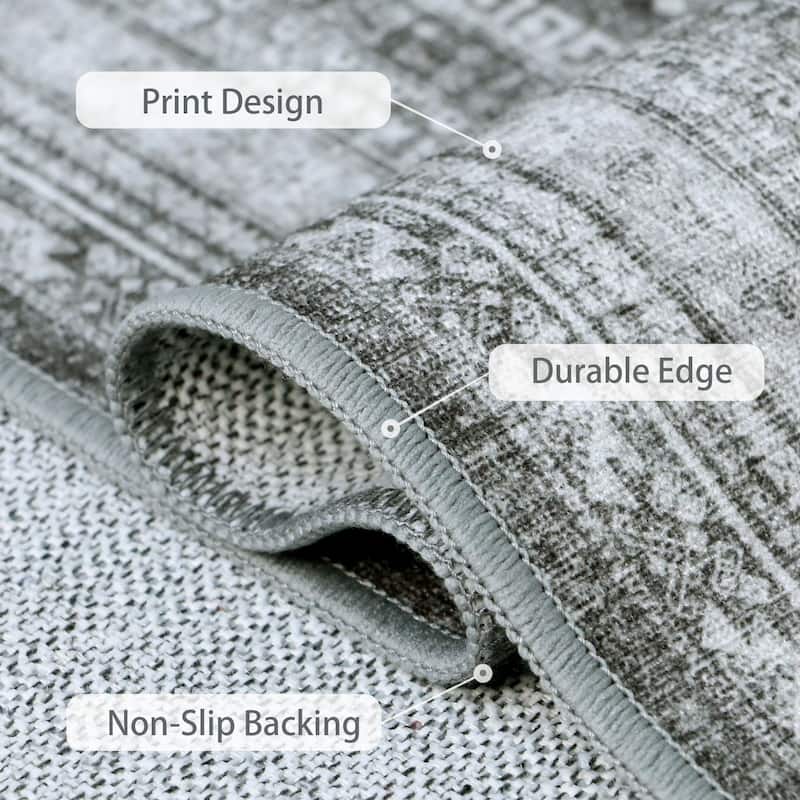 Mcow Faded Floral Vintage Low-Pile Machine Washable Non-Slip Area Rug