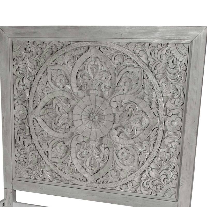 Full Size Platform Boho Bed, Carved Mandala High Headboard, Washed Gray