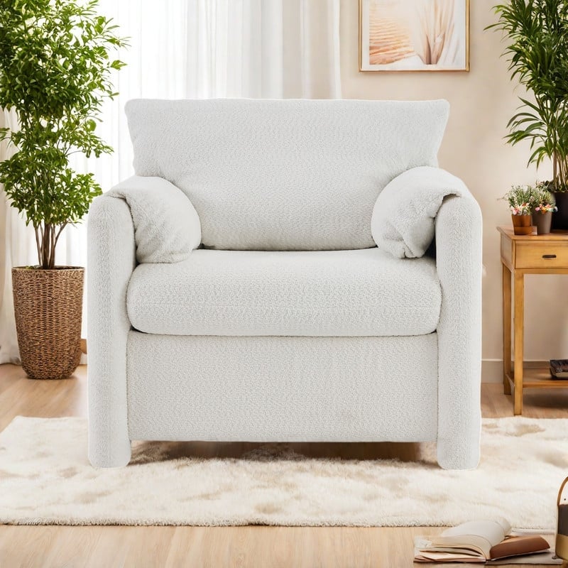 Chenille Modern Accent Chair with High-Resilience Cushion, 250lb Capacity - Ivory White