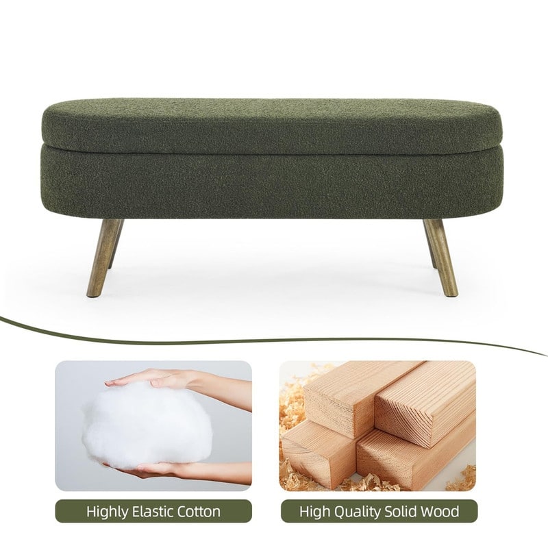 44" Beige Boucle Storage Ottoman Bench for Living Room Bedroom,Oval Storage Bench Ottoman Foot Rest Wood Legs