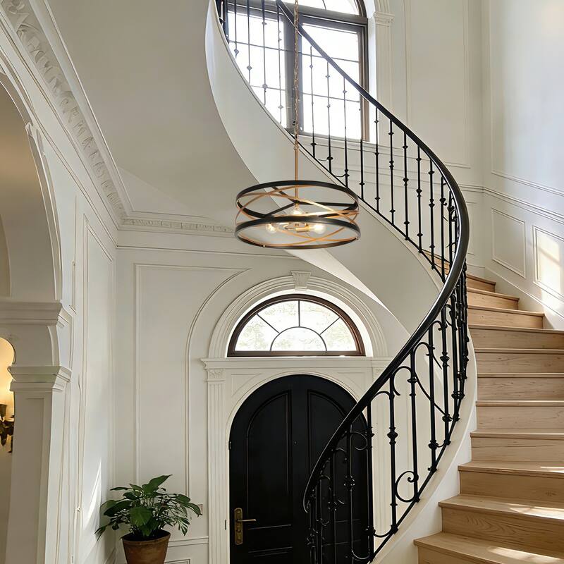 Dsmll Modern Farmhouse 3-Light Drum Chandelier Black Gold Kitchen Island Pendant - D 22" x H 79" Max