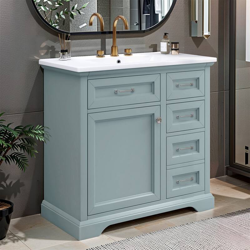 36" Bathroom Vanity Set with Ceramic Sink and 2 Tip-Out Drawers - Grey