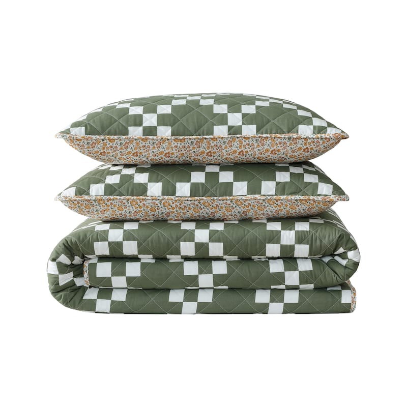 Eddie Bauer Diamond Floral Cotton Reversible Green Quilt Set