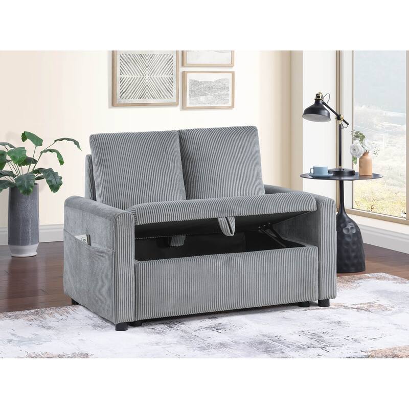 Corduroy Upholstered Wide Loveseat Sofa, 2 Seater Sofa with Side Pocket, Couch Settee with Storage and Cushions - Gray