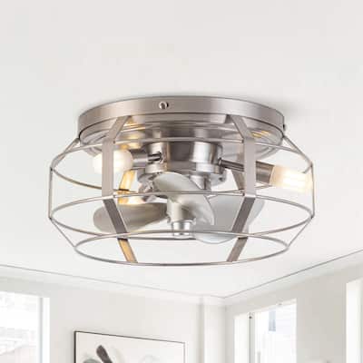 Industrial 3-Light Metal Cage Flush Mount Ceiling Fan with Light