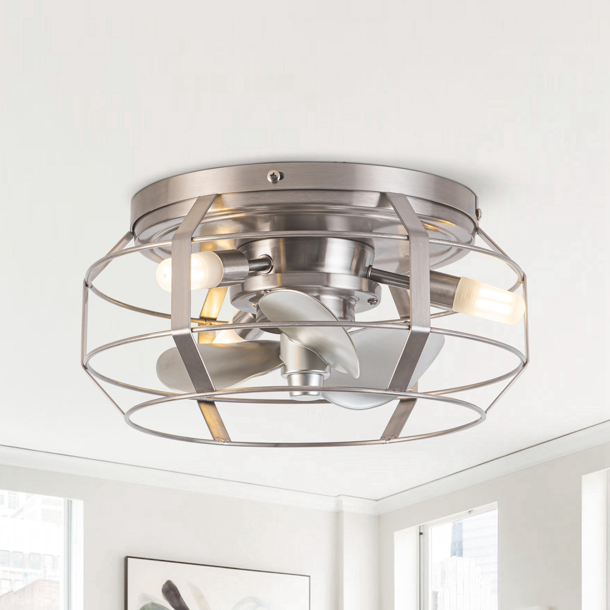 12" Satin Nickel Industrial Caged Flush Mount Ceiling Fan with Remote Control and 3 Silver ABS Blades