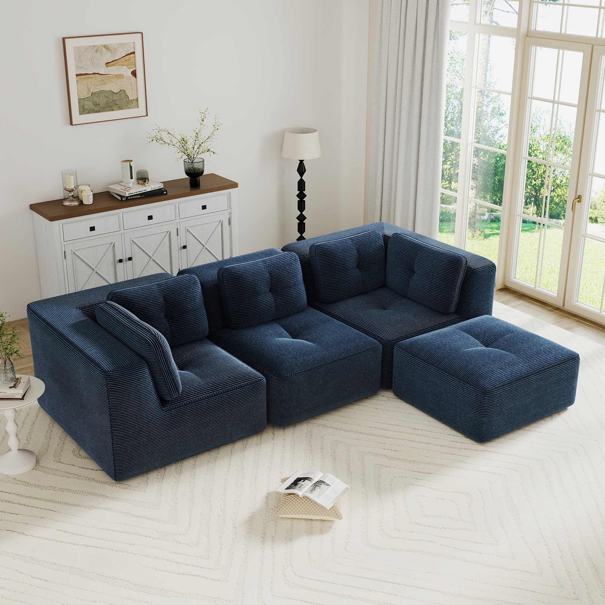 Roomfitters 4-Piece Modular Sectional Sofa Set with Ottoman, Tufted Corduroy Living Room 3-Seater Couch