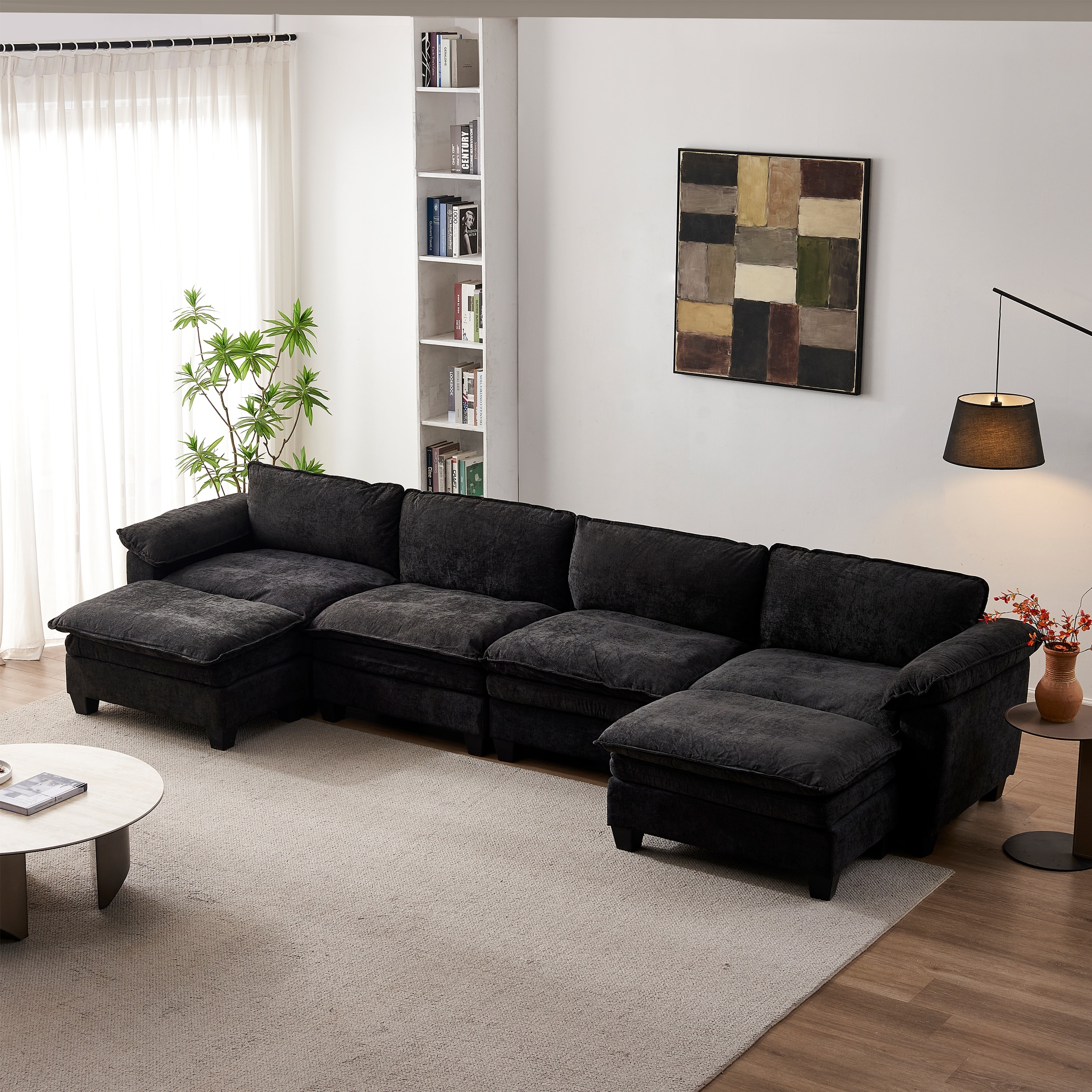6-seat Sectional Couch with 2 Ottomans, Chenille U Shape Upholstered Couch