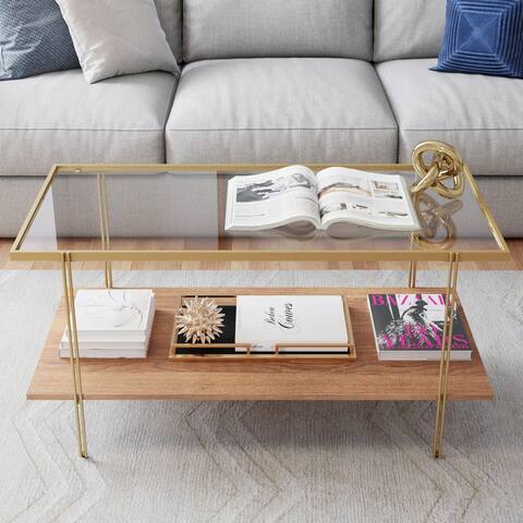 Nathan James Asher Mid-Century Coffee Table Glass Top Oak Shelf