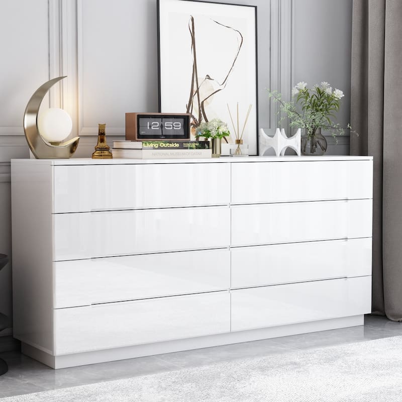 63" High Gloss Dresser With Light Chest w/8 Drawers&Spacious Tabletop